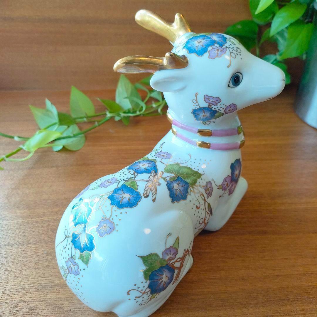 美品★フランクリンミント バンビ 鹿 花模様 陶器 置物 金彩 フィギュリン