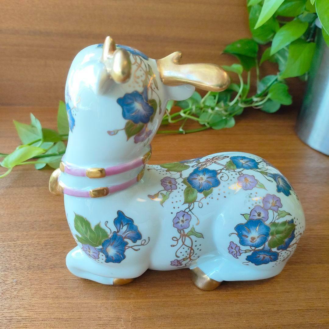 美品★フランクリンミント バンビ 鹿 花模様 陶器 置物 金彩 フィギュリン