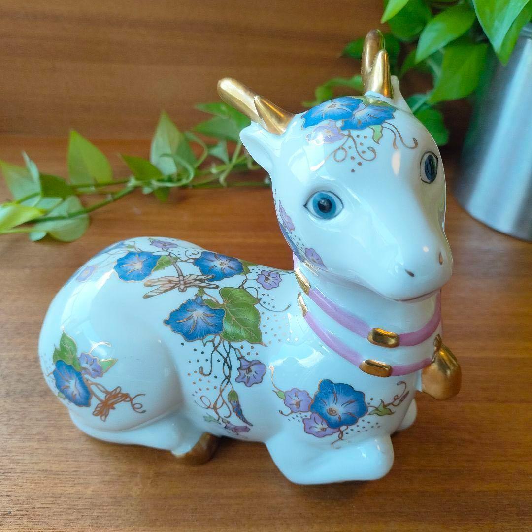 美品★フランクリンミント バンビ 鹿 花模様 陶器 置物 金彩 フィギュリン