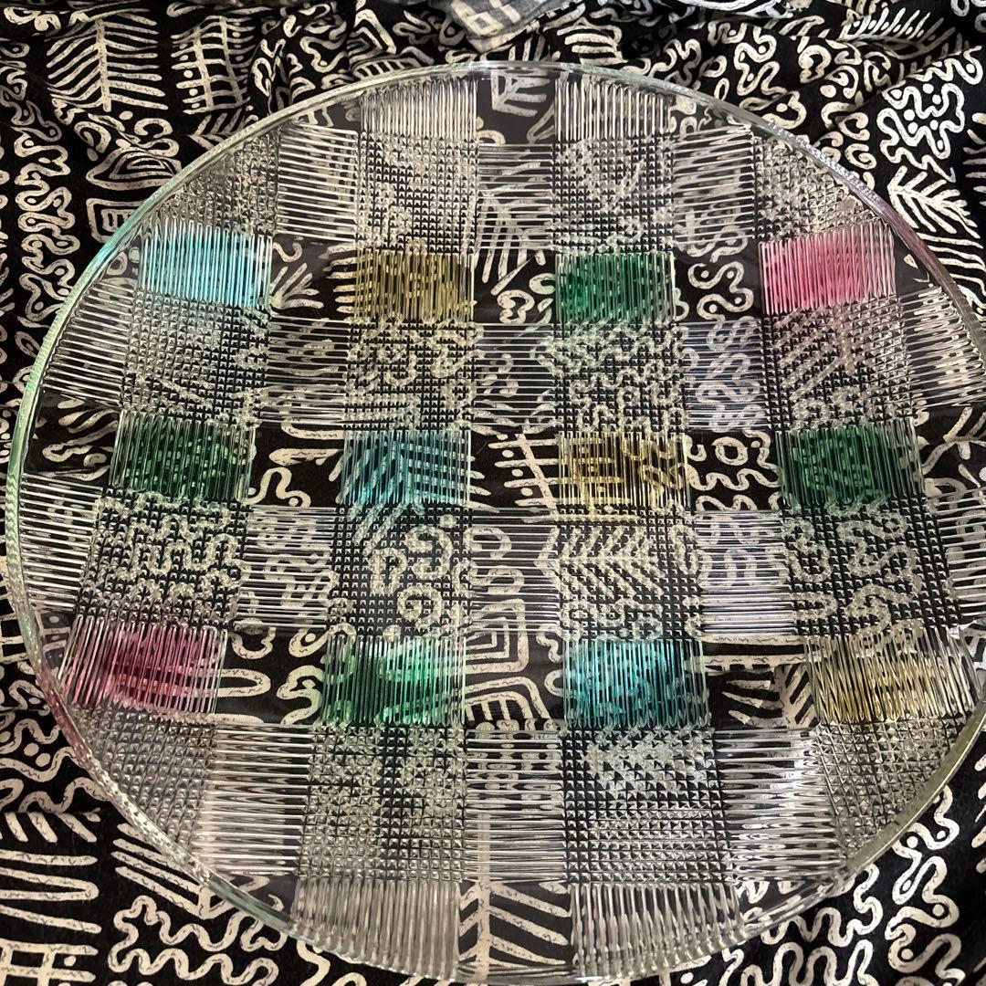 カラフルチェック柄ガラス皿 約30cm