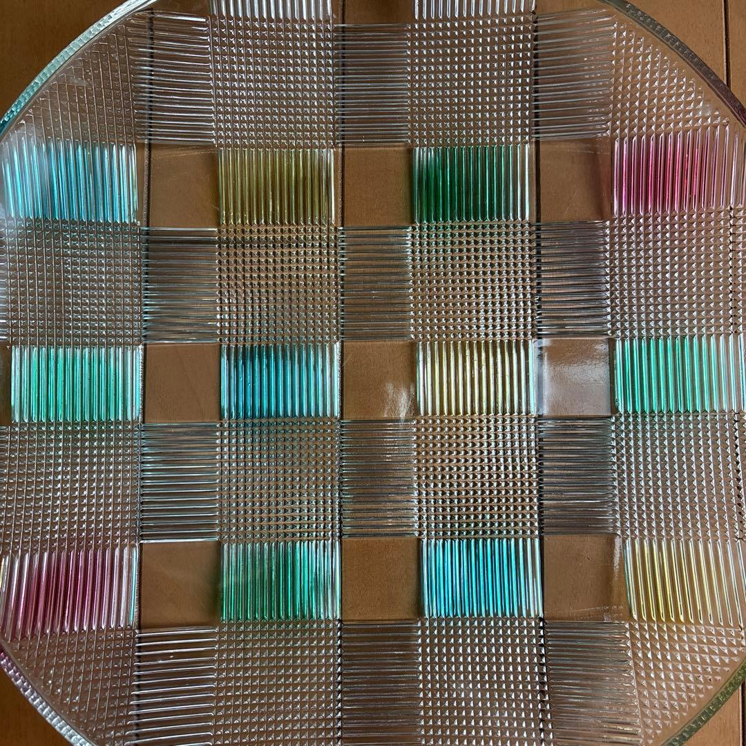 カラフルチェック柄ガラス皿 約30cm