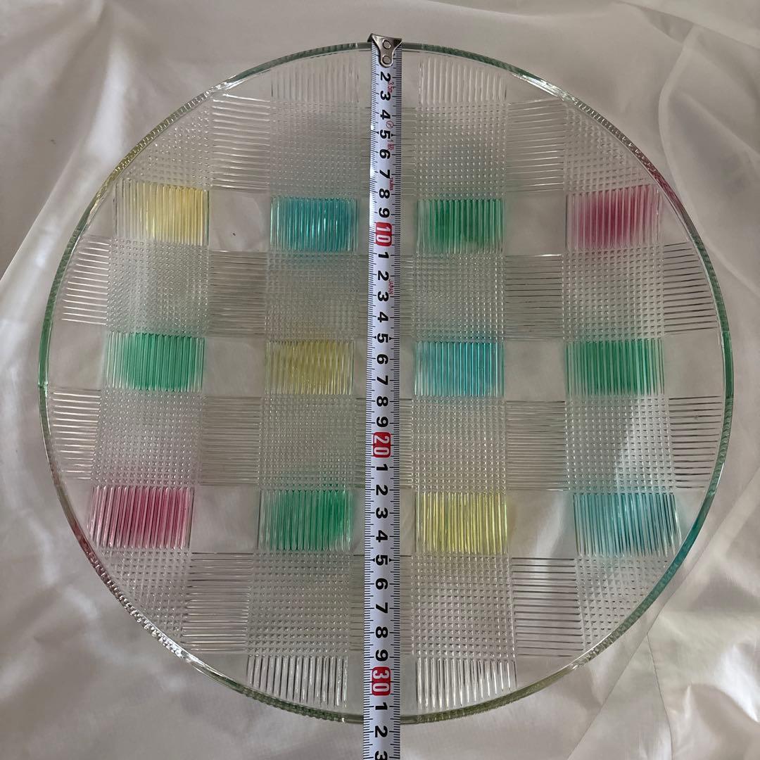 カラフルチェック柄ガラス皿 約30cm