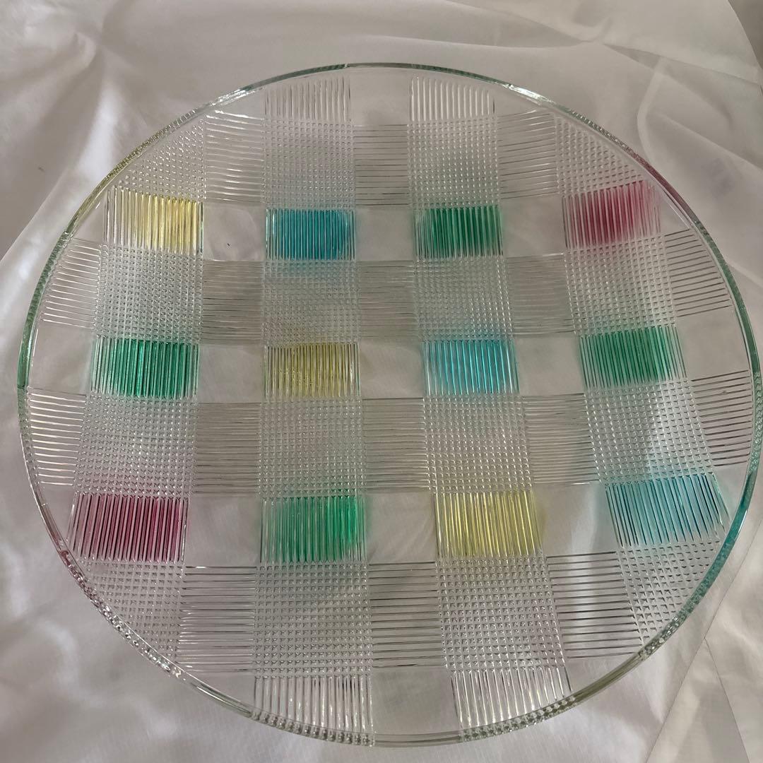 カラフルチェック柄ガラス皿 約30cm