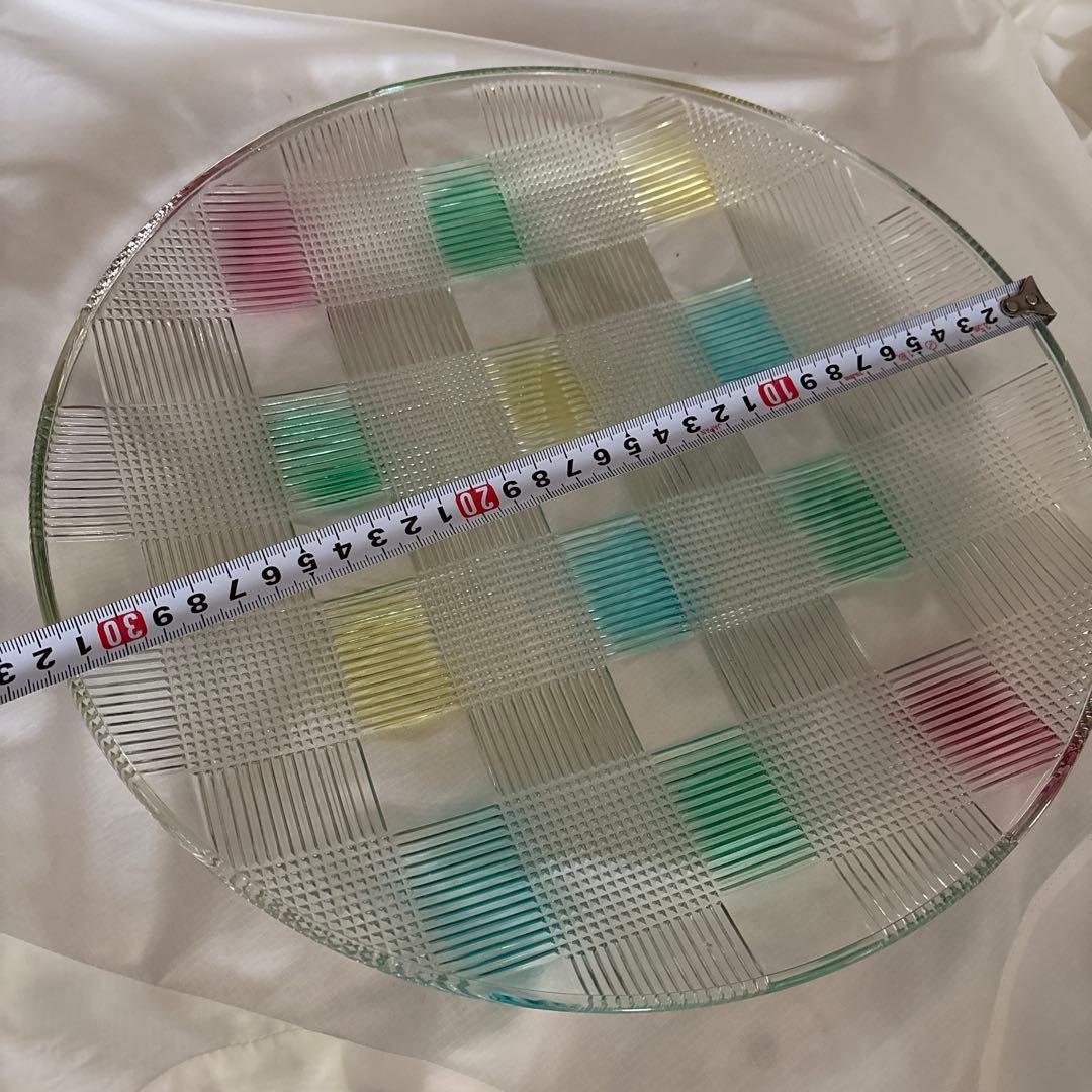 カラフルチェック柄ガラス皿 約30cm