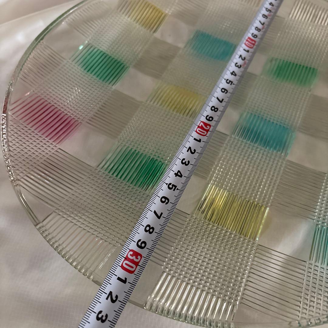 カラフルチェック柄ガラス皿 約30cm