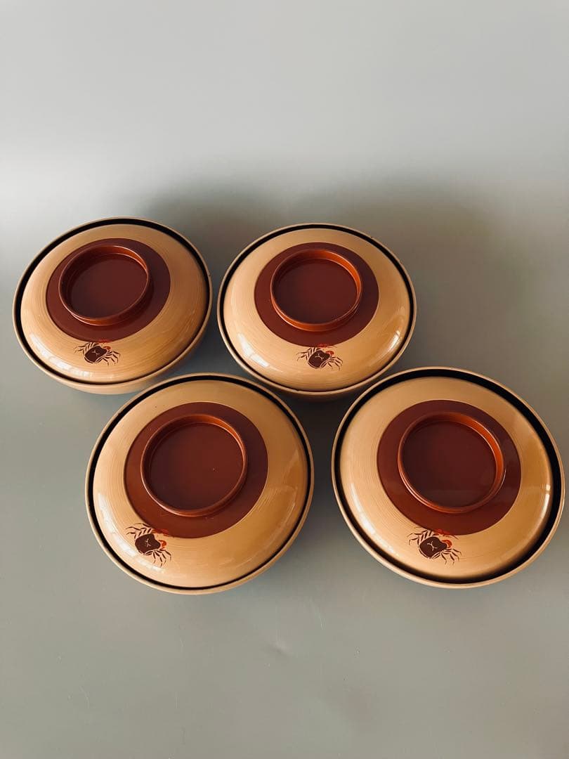 蟹文 白漆 蓋付椀 4組