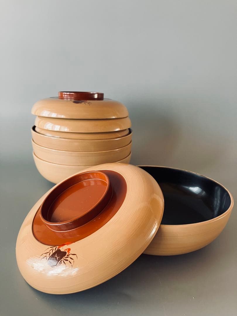 蟹文 白漆 蓋付椀 4組