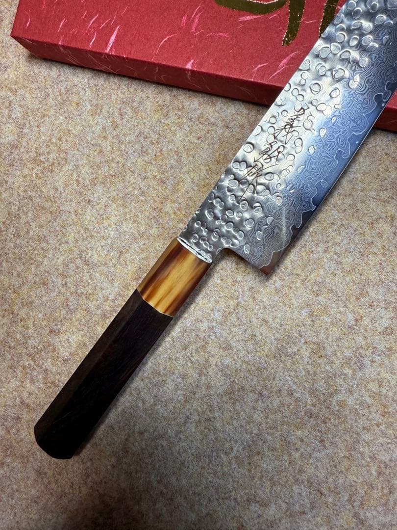 義弘作　三徳　包丁　AUS10ダマスカス鋼　6寸　山脇刃物　紫檀白水牛八角柄