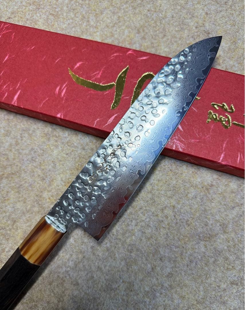 義弘作　三徳　包丁　AUS10ダマスカス鋼　6寸　山脇刃物　紫檀白水牛八角柄