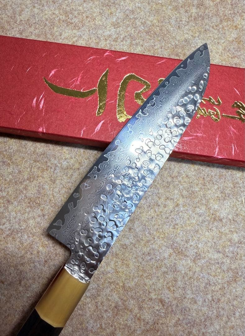 義弘作　三徳　包丁　AUS10ダマスカス鋼　6寸　山脇刃物　紫檀白水牛八角柄