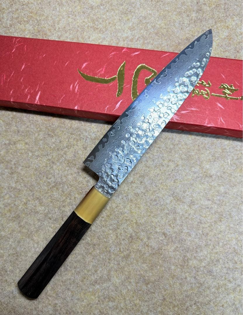 義弘作　三徳　包丁　AUS10ダマスカス鋼　6寸　山脇刃物　紫檀白水牛八角柄