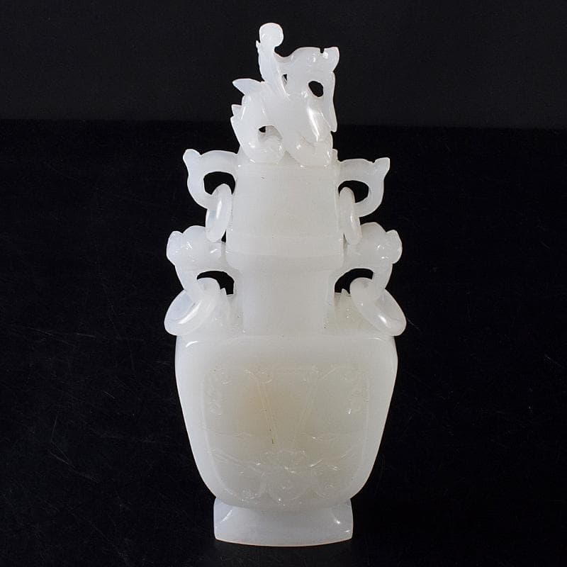 中国　玉石白玉彫刻　隻耳活環　飾壷　V　R7969