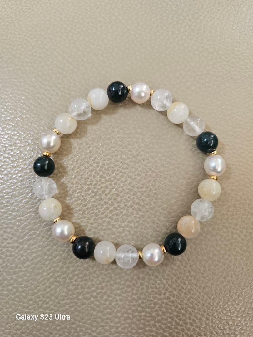 出雲瑪瑙、あこや真珠、水晶のブレスレット　サイズ１７センチ前後