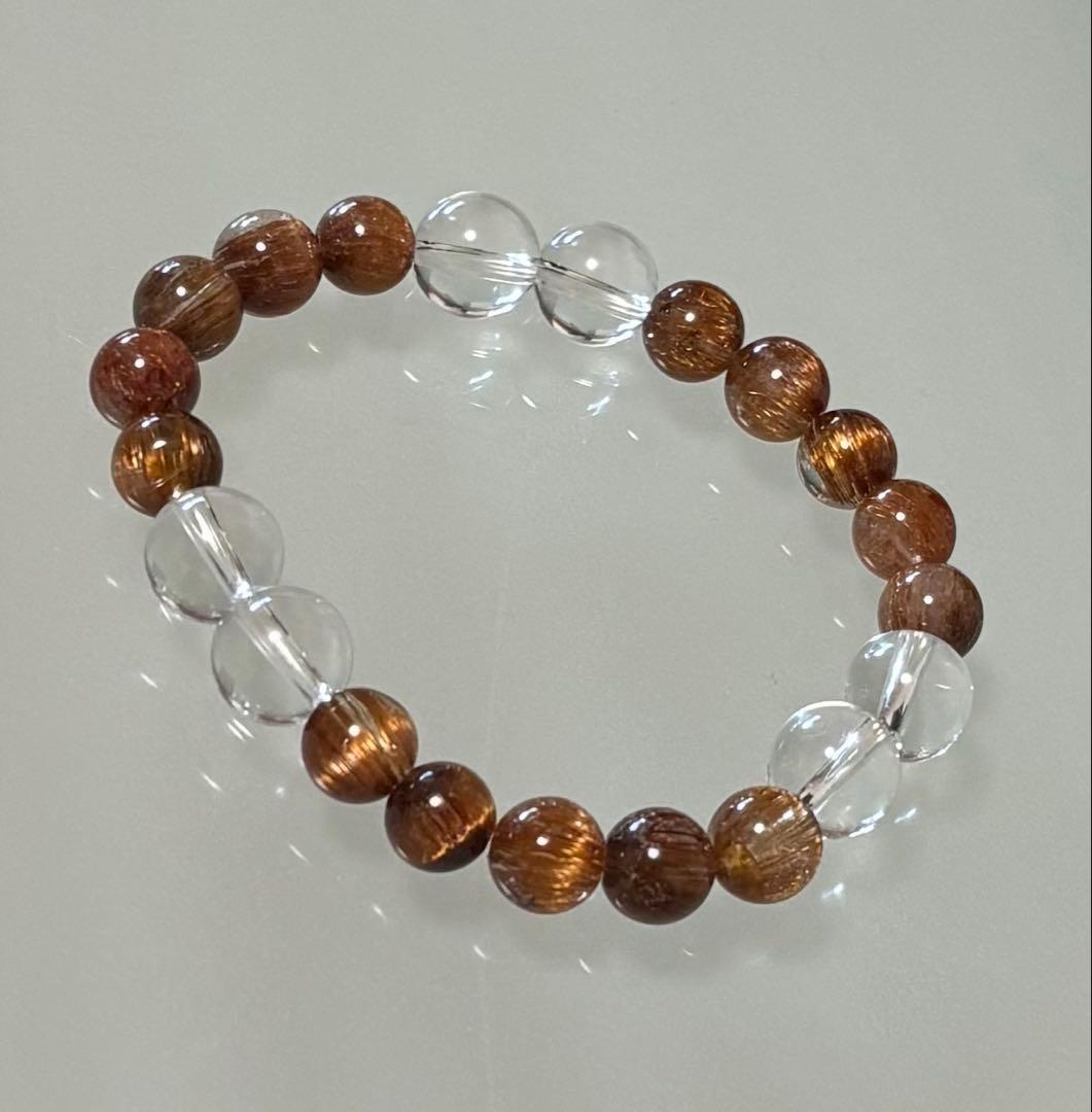 ゴールドキャッツアイルチル 水晶　ブレスレット（ルチル８mm、水晶１０mm）