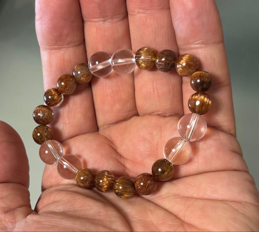 ゴールドキャッツアイルチル 水晶　ブレスレット（ルチル８mm、水晶１０mm）