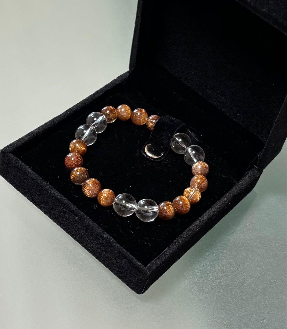 ゴールドキャッツアイルチル 水晶　ブレスレット（ルチル８mm、水晶１０mm）