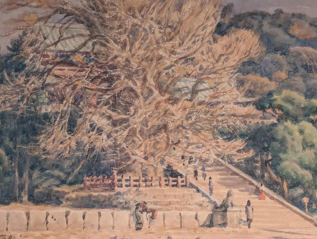 【真作】絵画　水彩　大銀杏と社殿　静かな秋の境内を描いた水彩画　W62