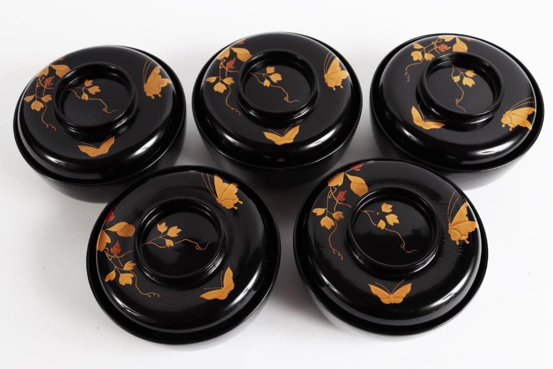 木製漆器 花蝶蒔絵 吸物椀 五客 漆芸④