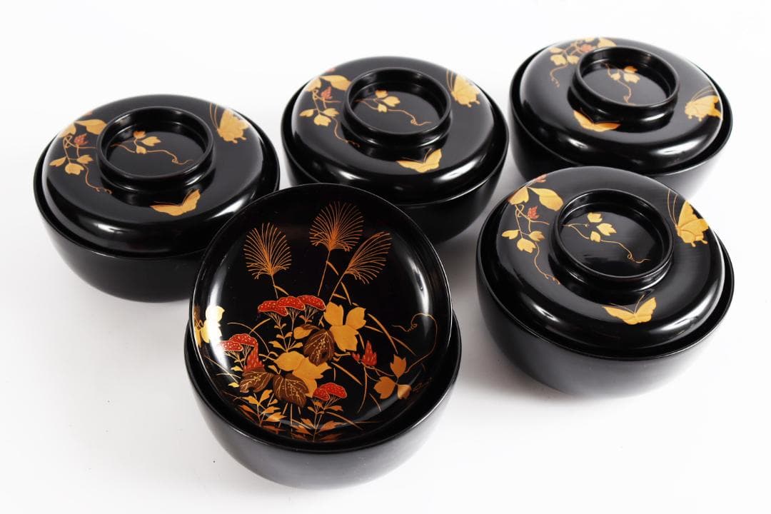 木製漆器 花蝶蒔絵 吸物椀 五客 漆芸④