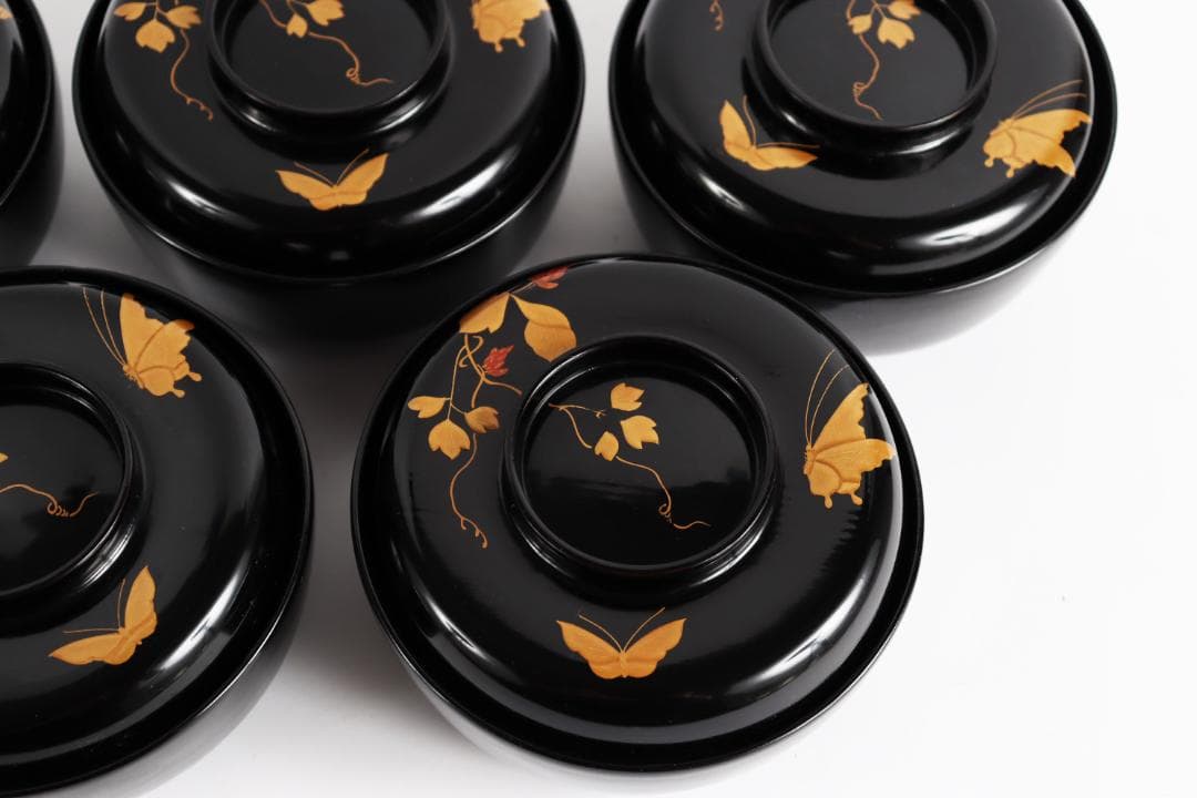 木製漆器 花蝶蒔絵 吸物椀 五客 漆芸④