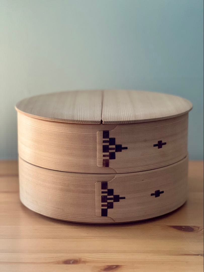 柴田慶信商店　秋田杉　曲げわっぱ　 無塗装　白木　飯切 おひつ　ハ寸　二段重