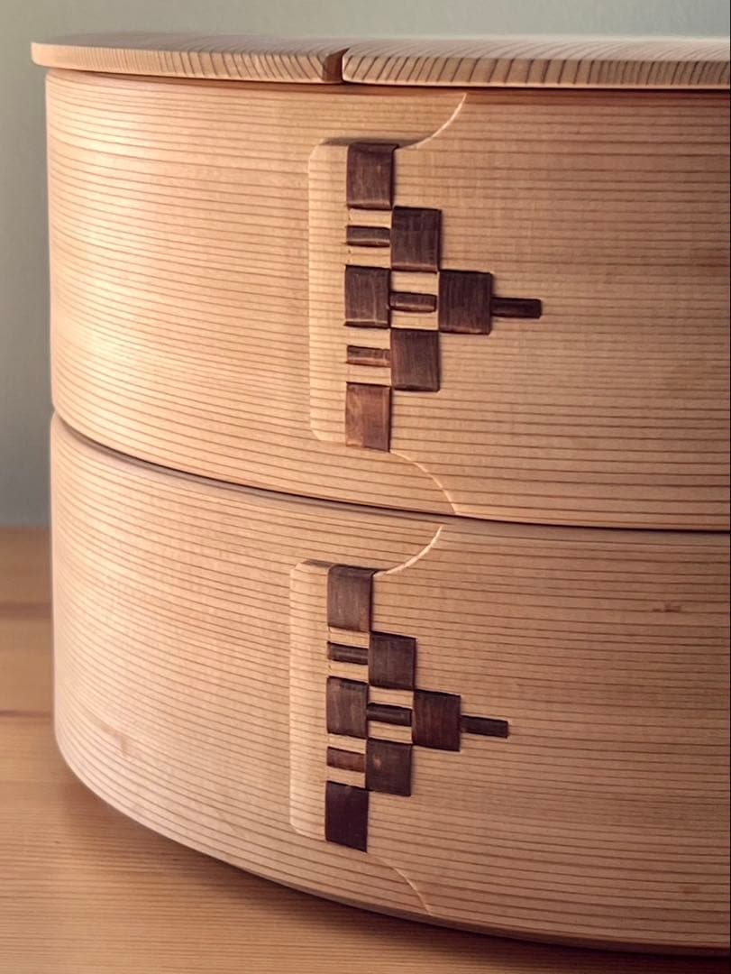 柴田慶信商店　秋田杉　曲げわっぱ　 無塗装　白木　飯切 おひつ　ハ寸　二段重