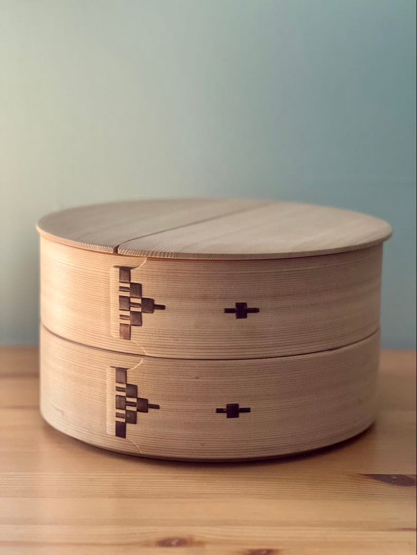 柴田慶信商店　秋田杉　曲げわっぱ　 無塗装　白木　飯切 おひつ　ハ寸　二段重