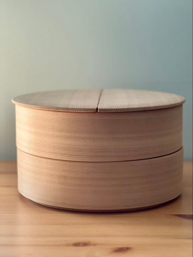 柴田慶信商店　秋田杉　曲げわっぱ　 無塗装　白木　飯切 おひつ　ハ寸　二段重