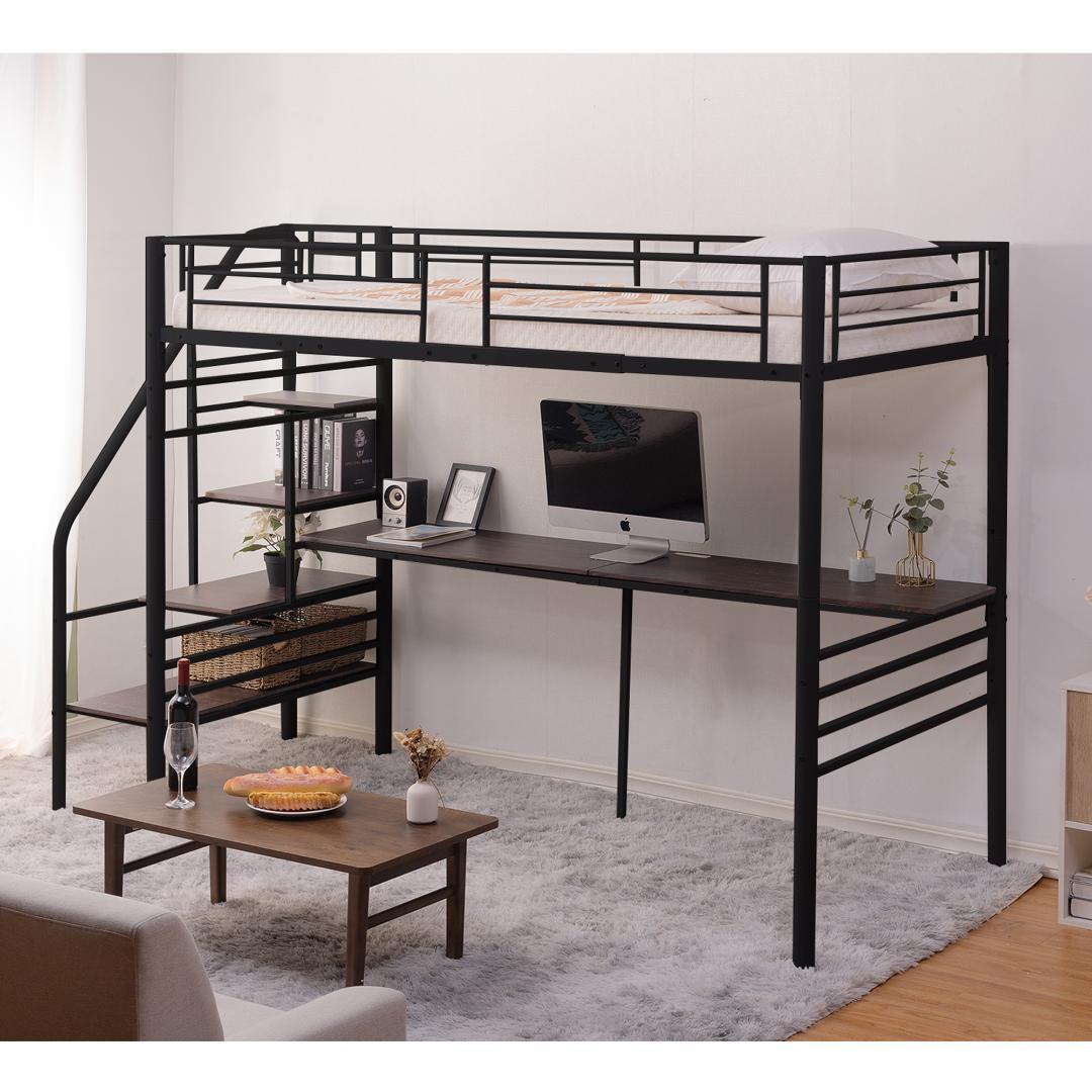 ロフトベッド 階段付き パイプベッド シングル コンセント付き 収納 子供ベッド