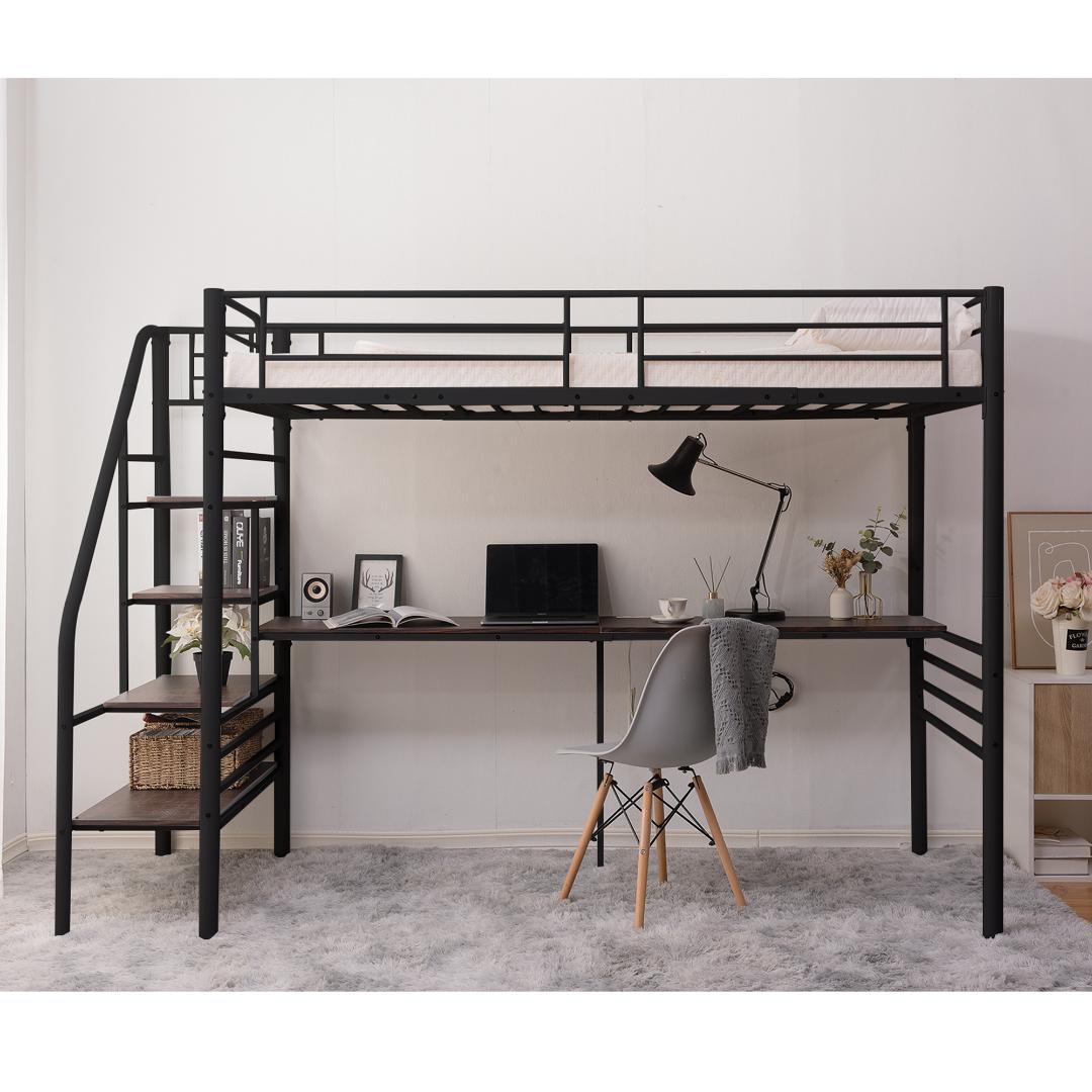 ロフトベッド 階段付き パイプベッド シングル コンセント付き 収納 子供ベッド