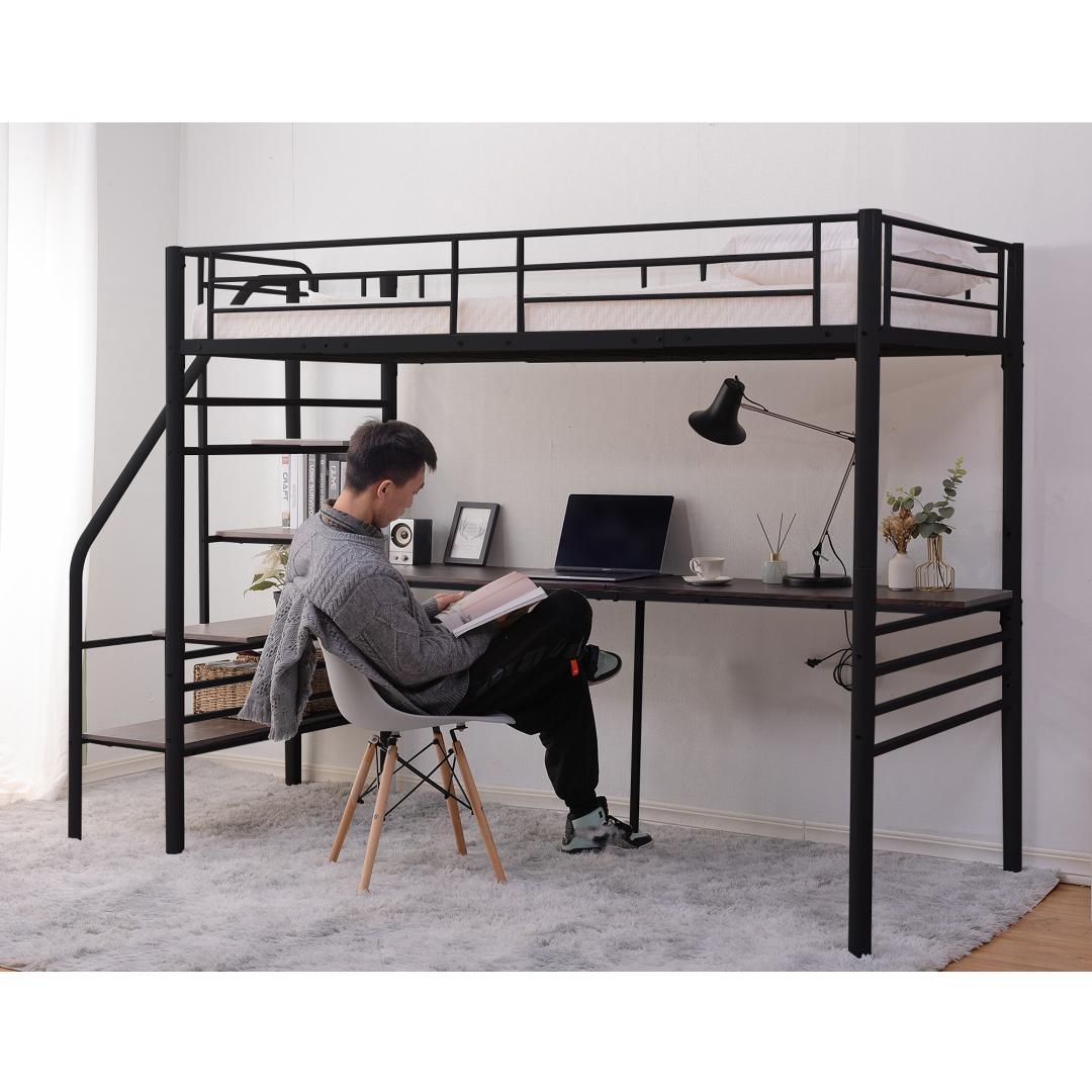 ロフトベッド 階段付き パイプベッド シングル コンセント付き 収納 子供ベッド
