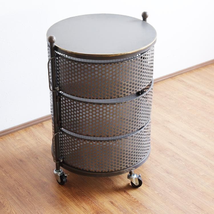 ワゴン キャスター付き 丸 円形 3段 収納 インダストリアル