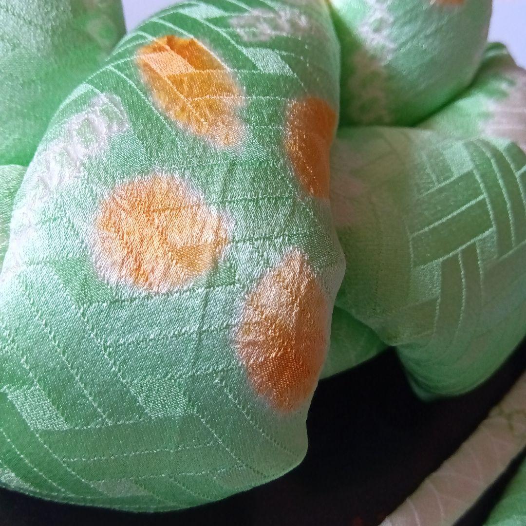 【七五三No.24】かのこ、前髪飾り房付、簪蝶、指輪4点セット（淡黄緑☓橙絞り）