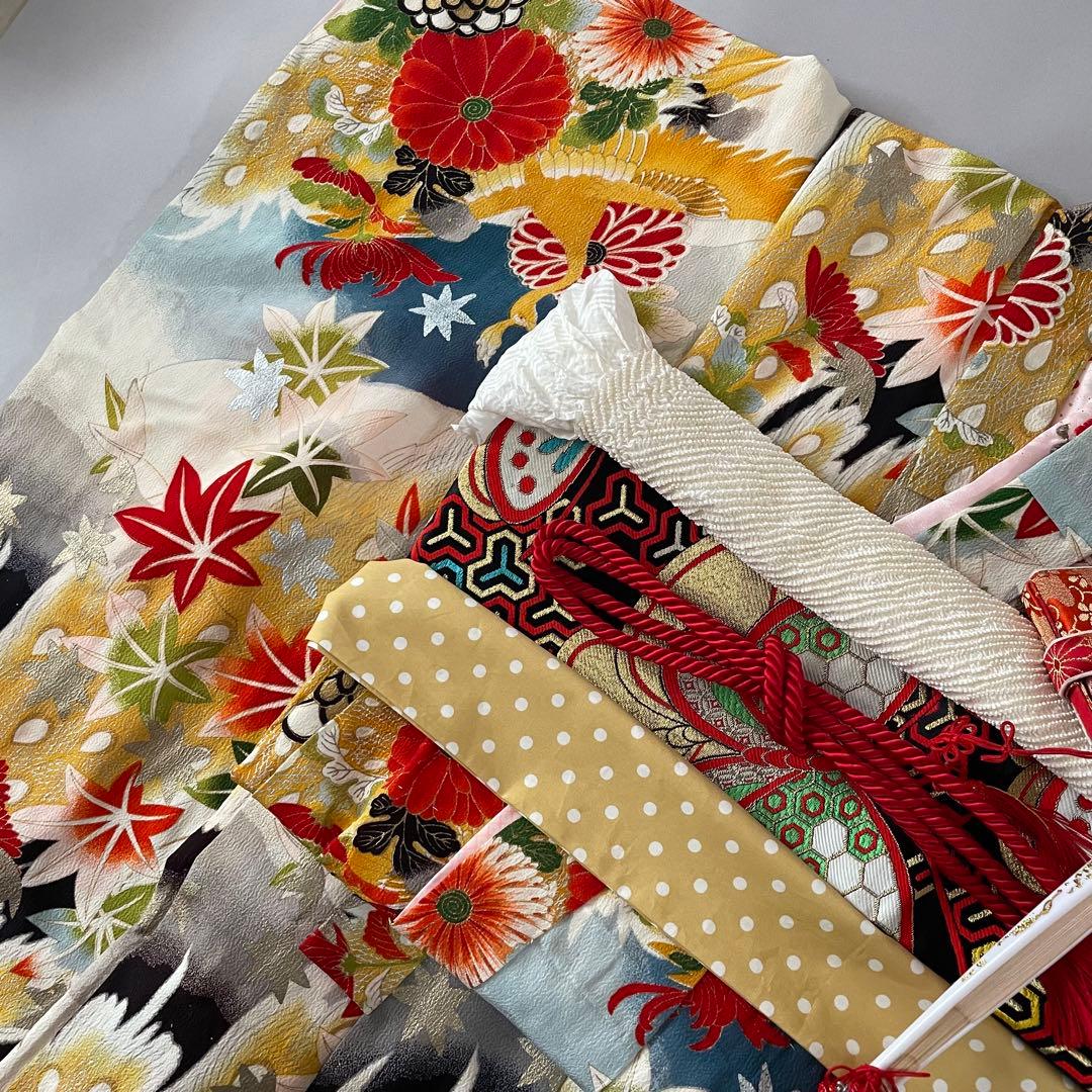 七五三 アンティークお着物セット 5.6歳さん向き　花柄・黒ブーツ　髪飾り付