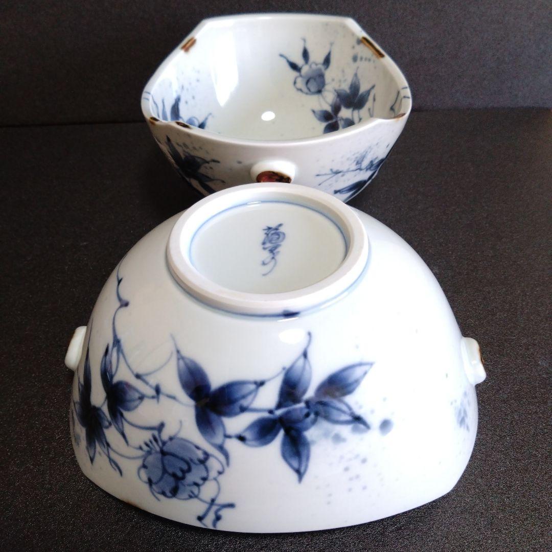 新品 有田焼 福泉窯 染付草花紋 耳付変形鉢2個　お祝い