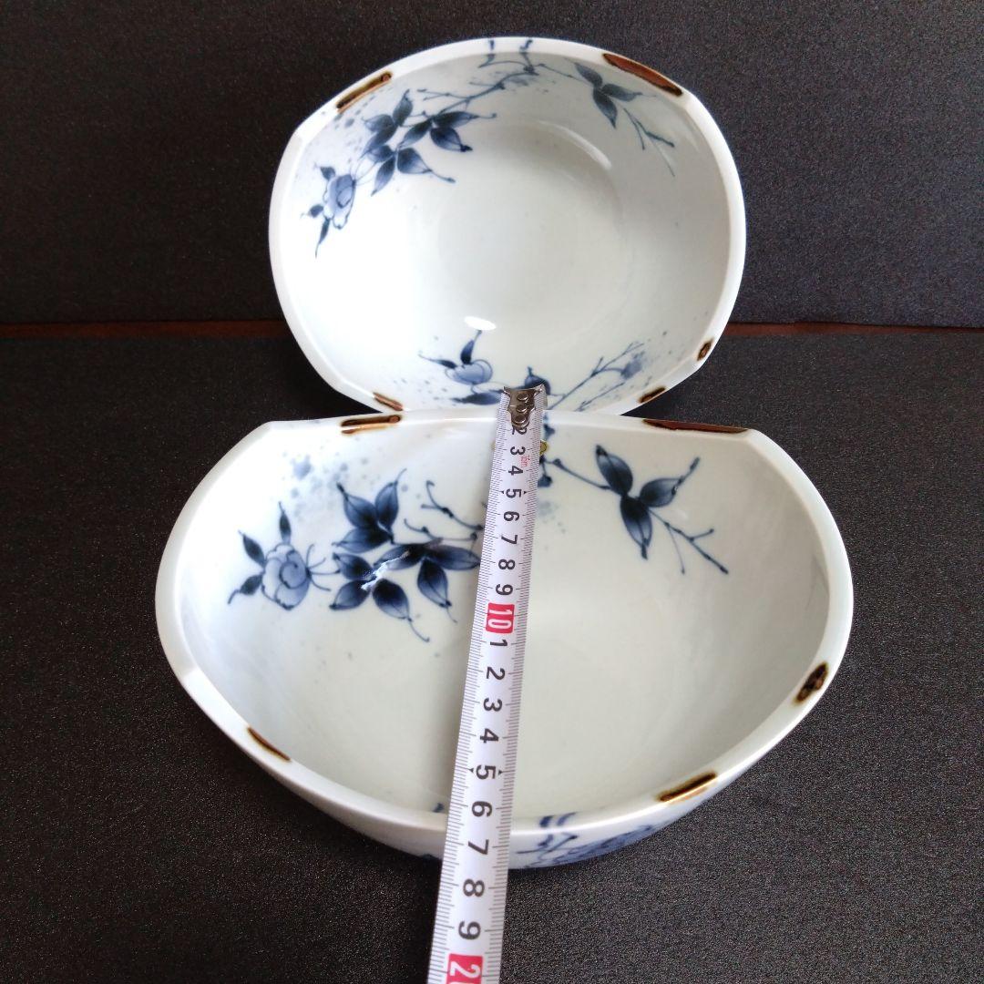 新品 有田焼 福泉窯 染付草花紋 耳付変形鉢2個　お祝い