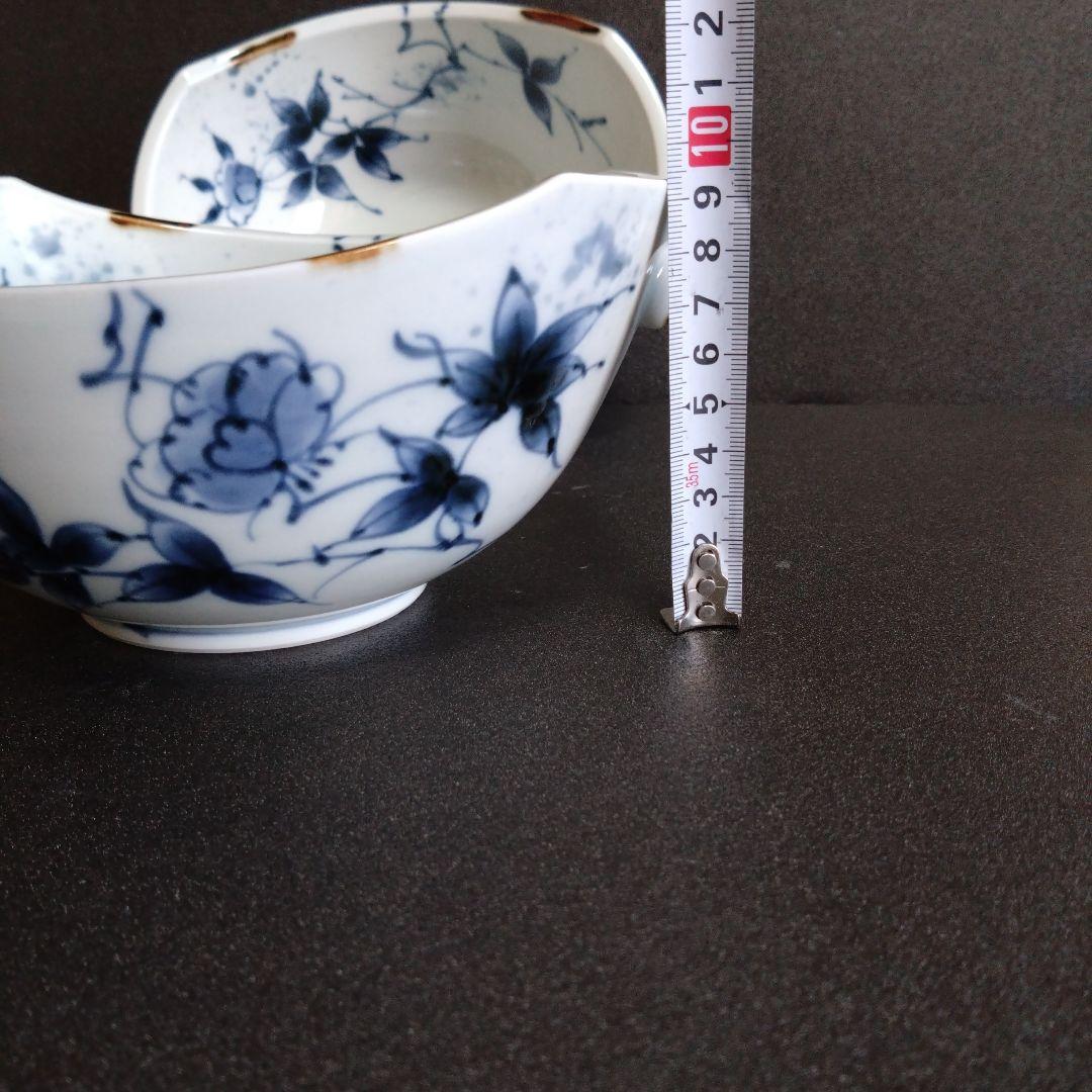 新品 有田焼 福泉窯 染付草花紋 耳付変形鉢2個　お祝い