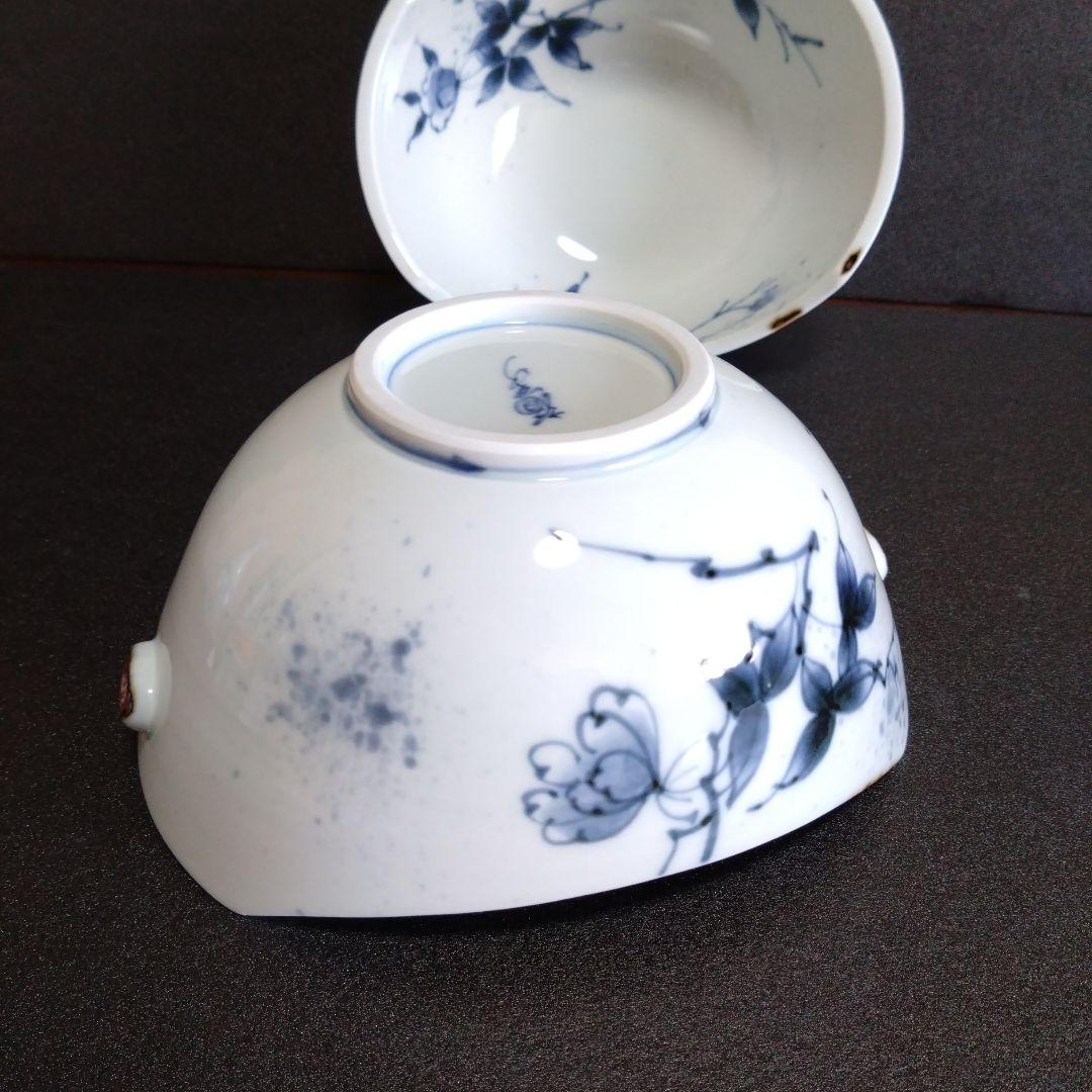 新品 有田焼 福泉窯 染付草花紋 耳付変形鉢2個　お祝い