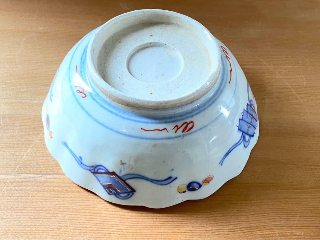 能登蔵出し 時代物 色絵 金彩 クルス窓絵文 輪花 大なます皿/深皿 膾皿