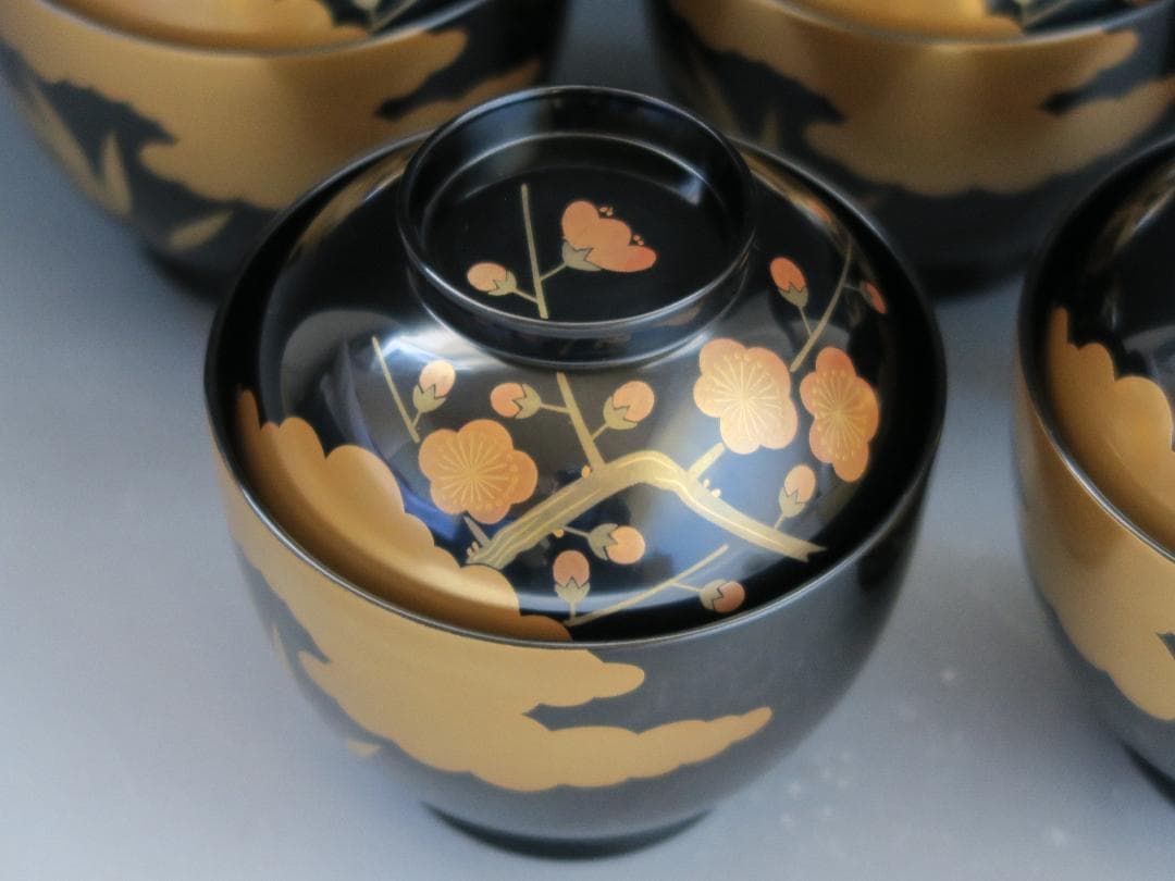 輪島塗】雲松竹梅蒔絵 吸物椀 黒塗 五客揃 布着請負 天然木 共箱 美術