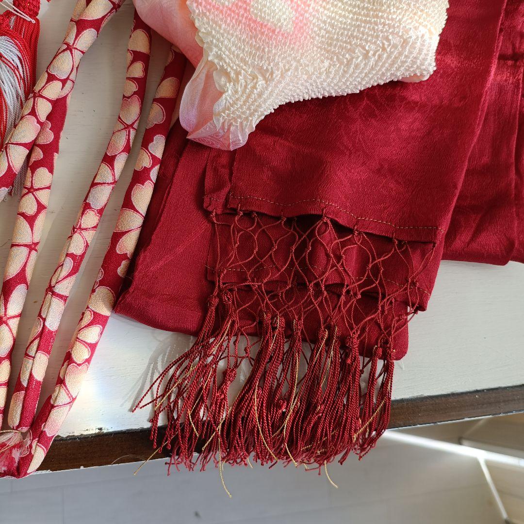 新品☆クリーム色に大きな椿の花模様が素敵な着物に作り帯☆七五三フルセット