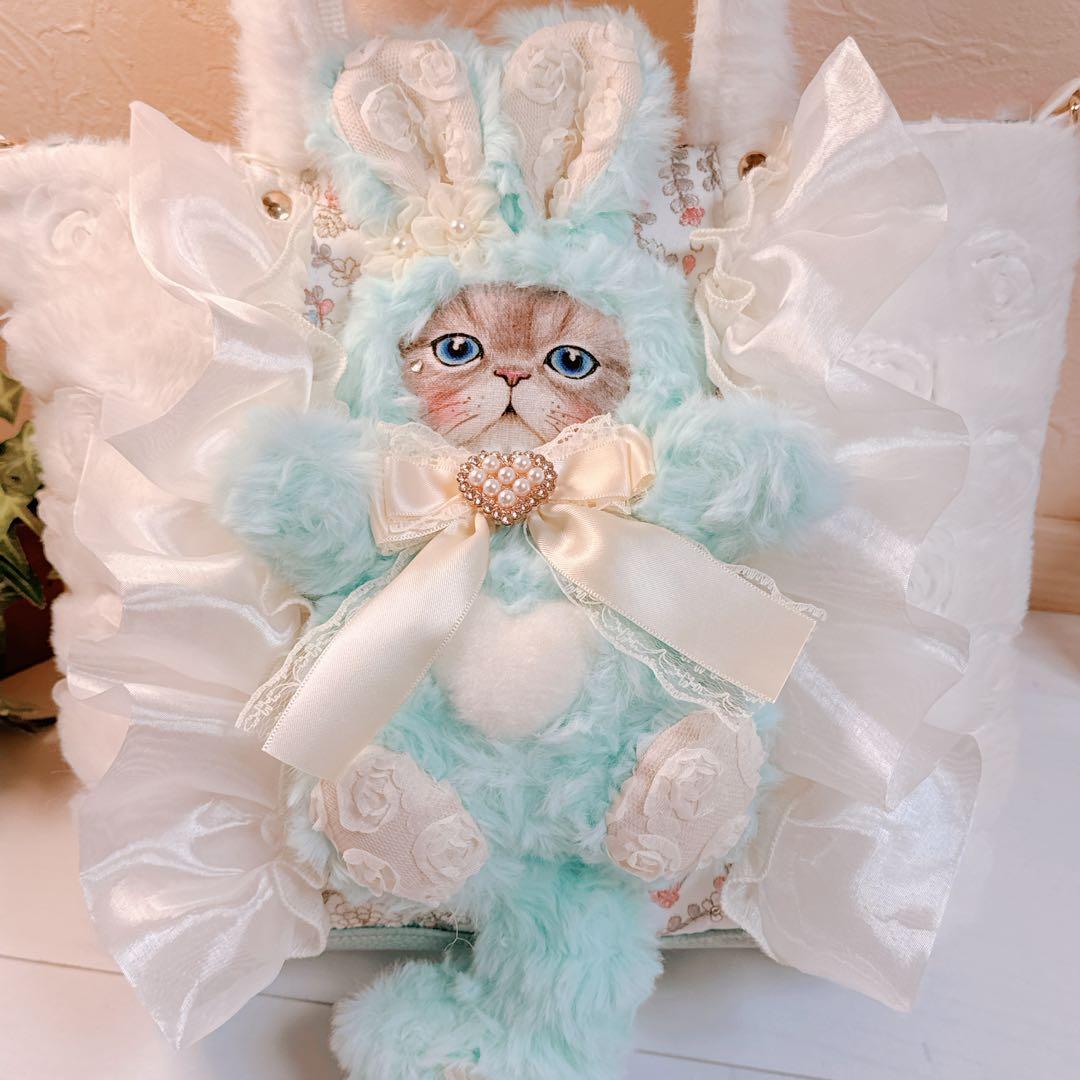 あ*き様 コヤンイサムチョン♡ インド刺繍＆ファー！ミントブルーうさルミのトート