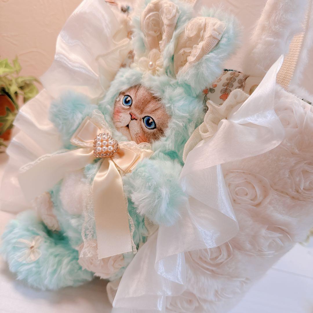 あ*き様 コヤンイサムチョン♡ インド刺繍＆ファー！ミントブルーうさルミのトート