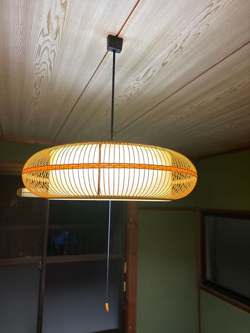 昭和レトロ 和風ペンダントライト 1灯 竹×ガラス調 引き紐 古民家 旅館照明