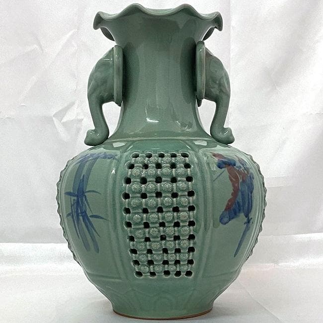 花器 高麗青磁 壺 海泉 透かし彫り 象耳飾り 中古 インテリア 骨董