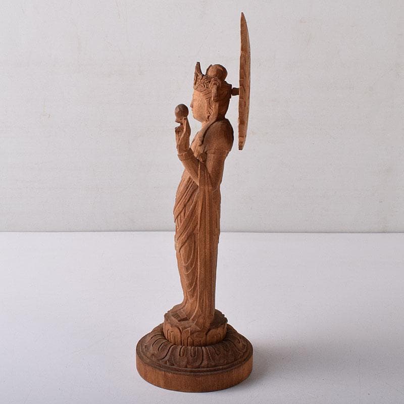 仏教美術 彫刻家 真海徳太郎作 木彫 観世音菩薩 仏像 置物 共箱 VR8302