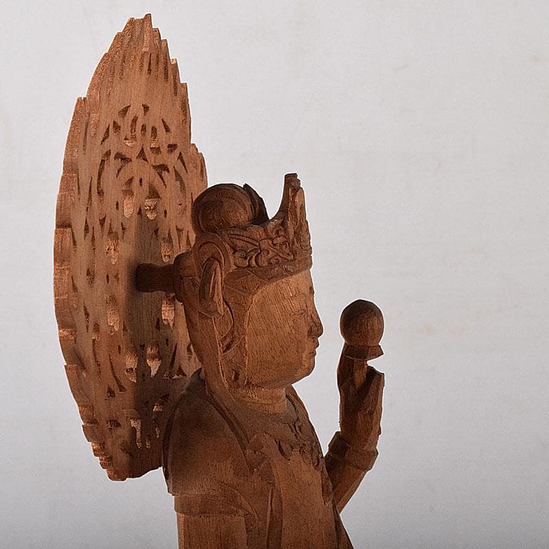 仏教美術 彫刻家 真海徳太郎作 木彫 観世音菩薩 仏像 置物 共箱 VR8302