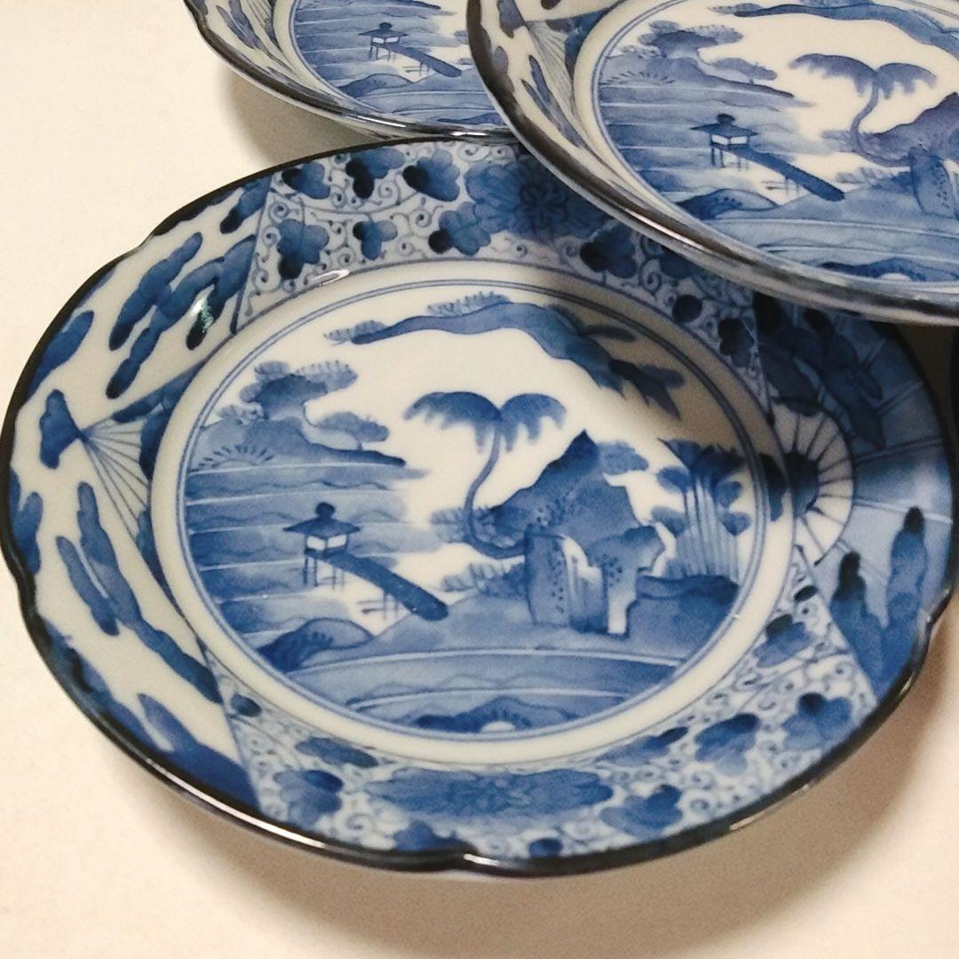 美濃焼 龍峰窯 染付 山水 唐草 輪花 銘々皿 小皿 中皿 5枚 共箱付き