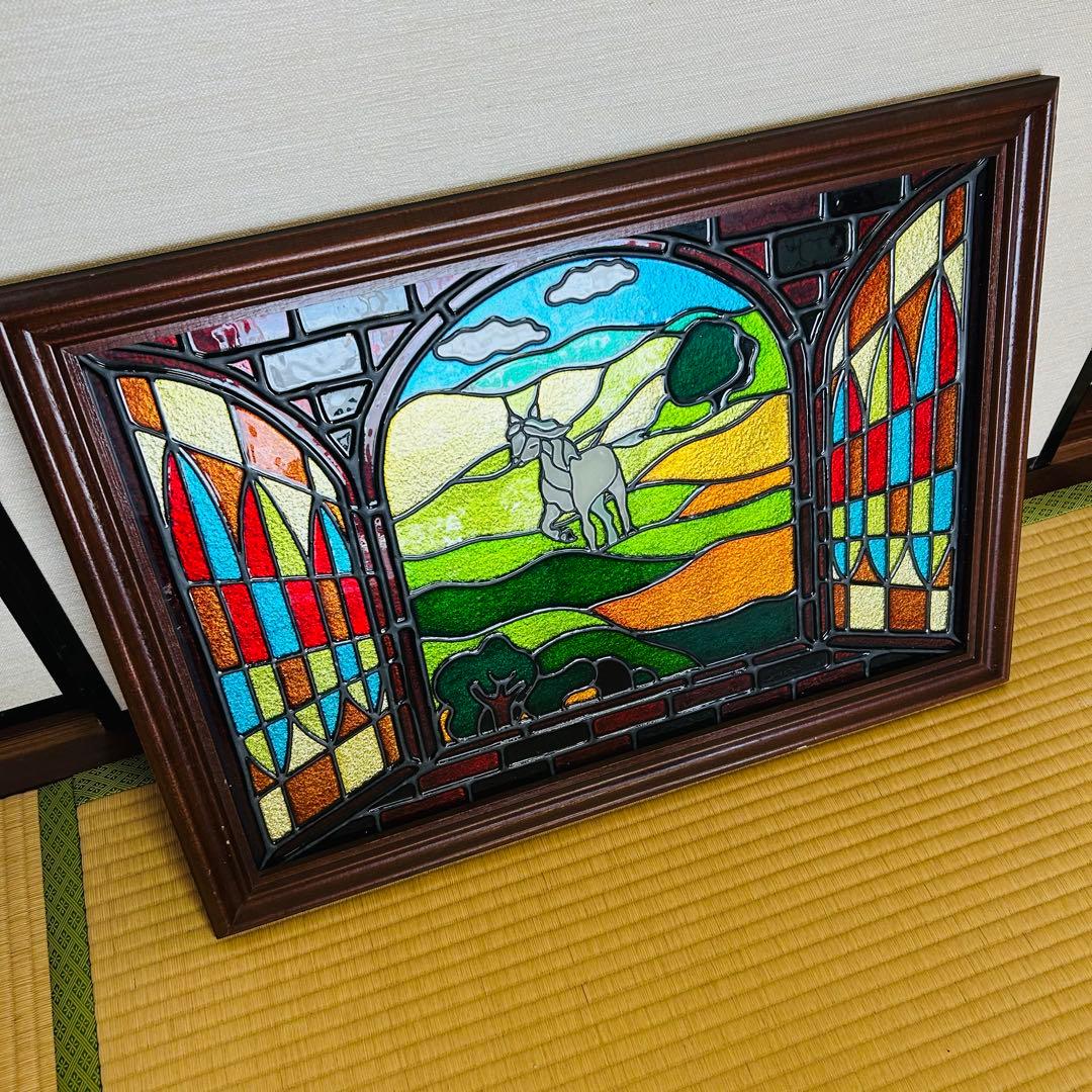 子馬のステンドグラス　パネル　額付き　67センチ✖️48センチ