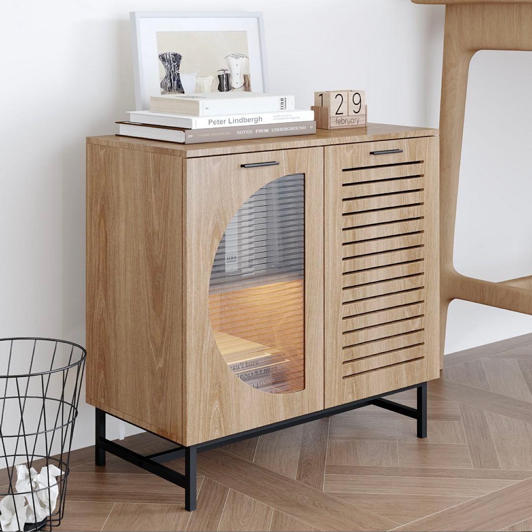 キャビネット サイドボード LEDライト付 両開き扉収納 木目調 幅80cm